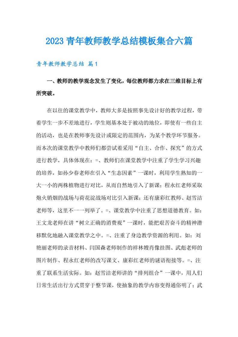 2023青年教师教学总结模板集合六篇