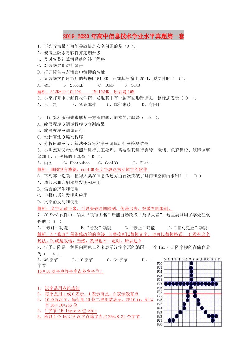 2019-2020年高中信息技术学业水平真题第一套