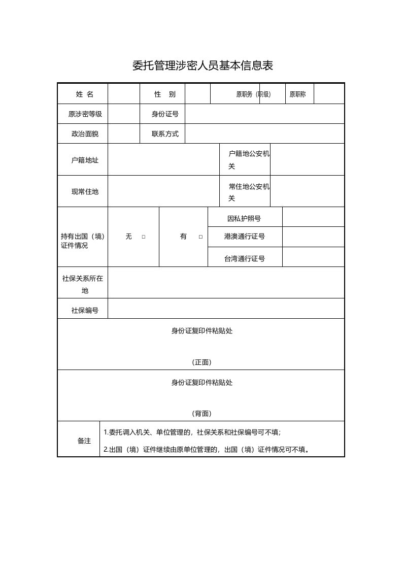 委托管理涉密人员基本信息表