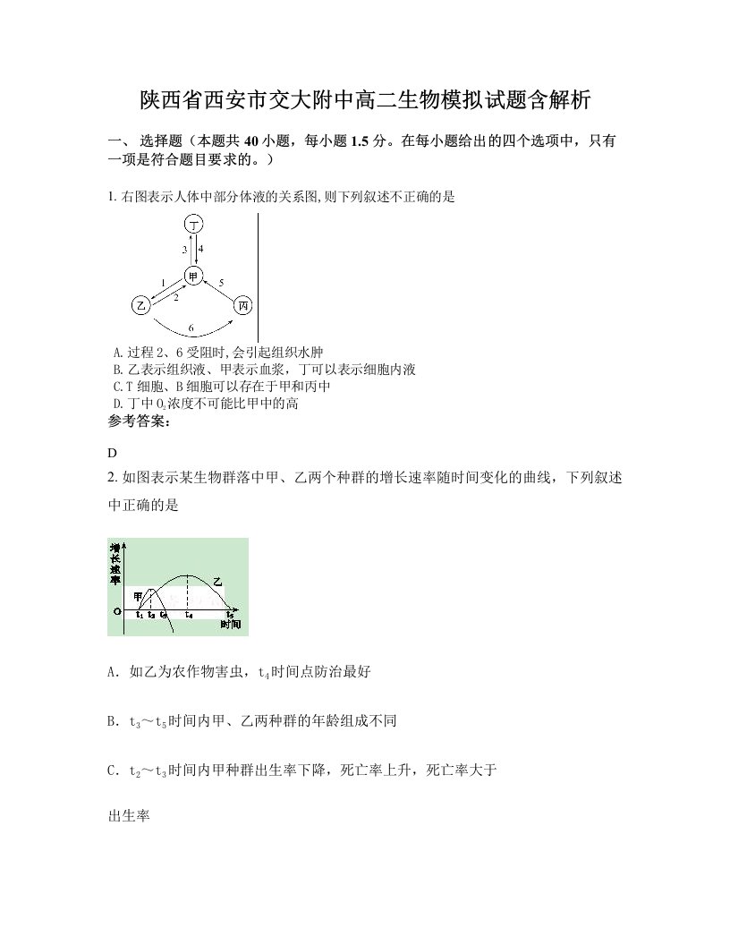 陕西省西安市交大附中高二生物模拟试题含解析