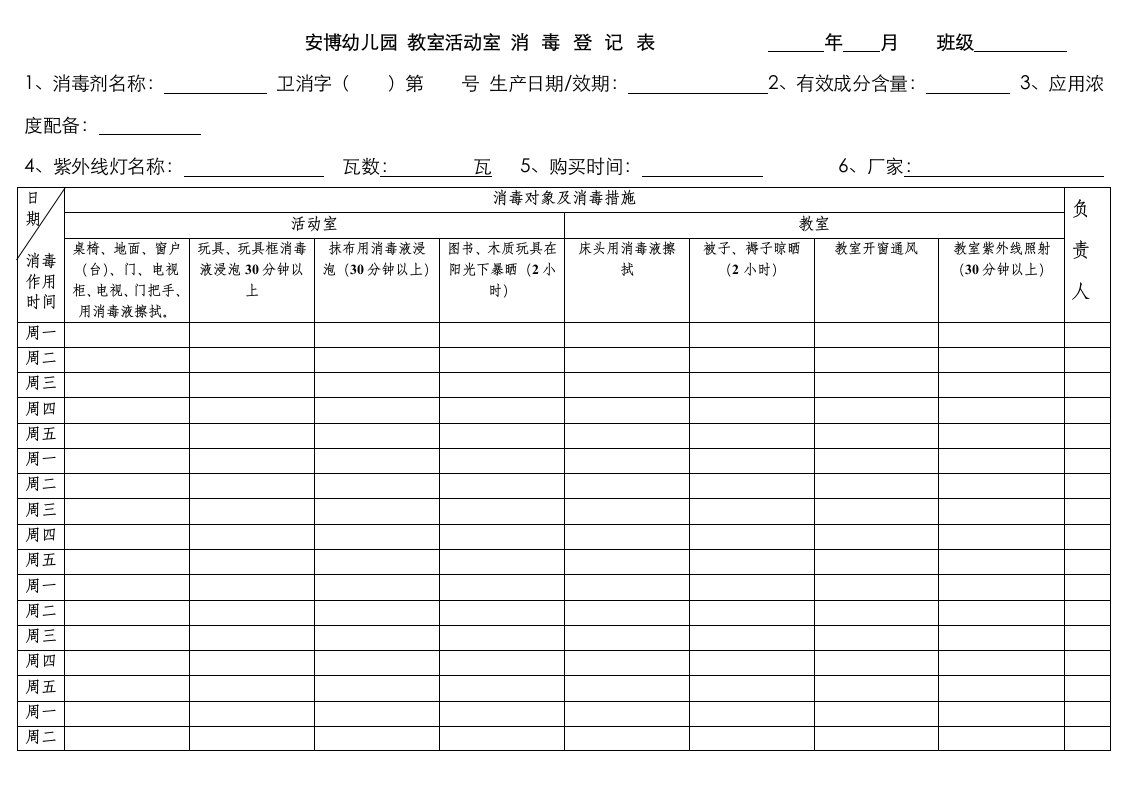 安博幼儿园厨房消毒记录表