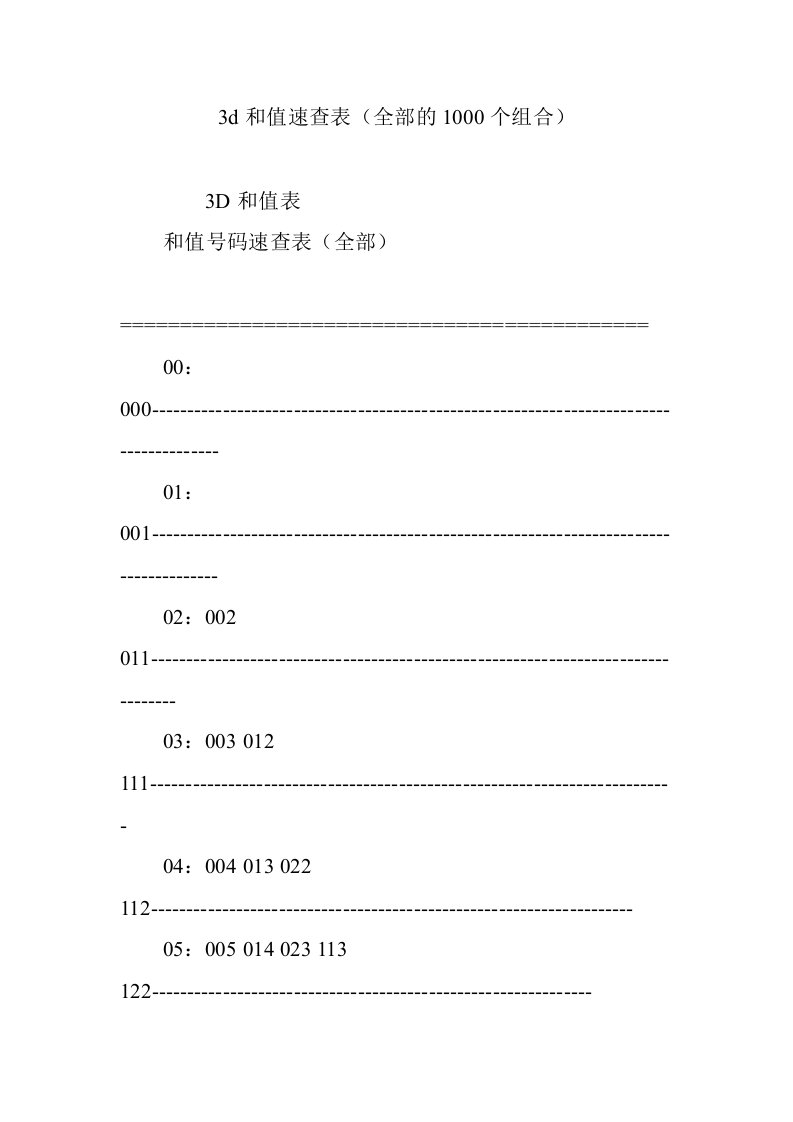 3d和值速查表全部的1000个组合资料