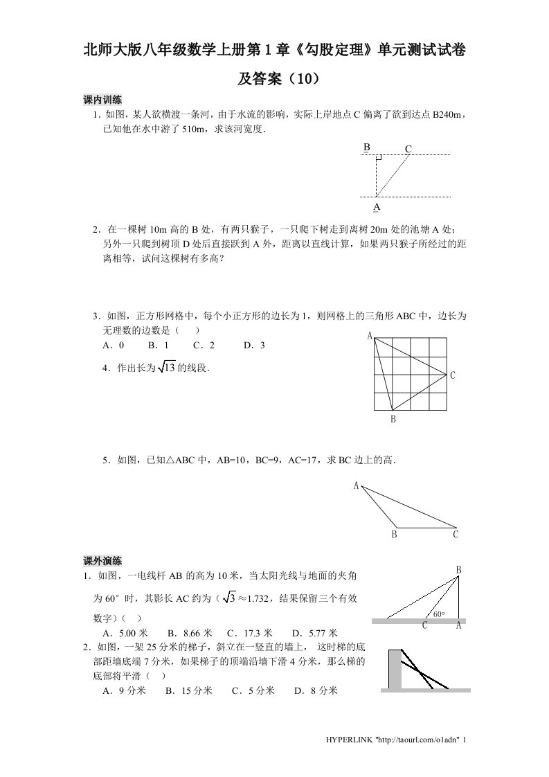 北师大版八年级数学上册第1章勾股定理单元测试试卷及答案10