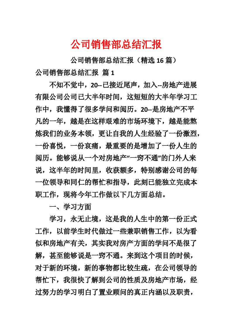 公司销售部总结汇报