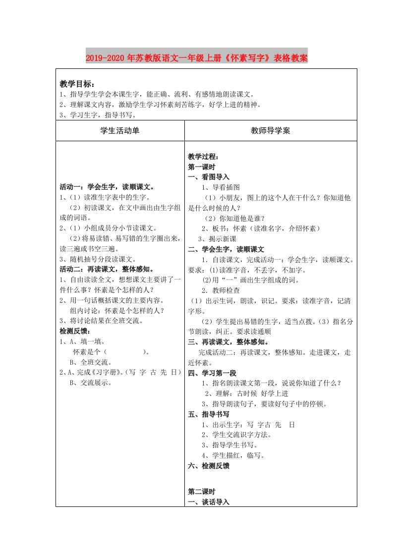 2019-2020年苏教版语文一年级上册《怀素写字》表格教案