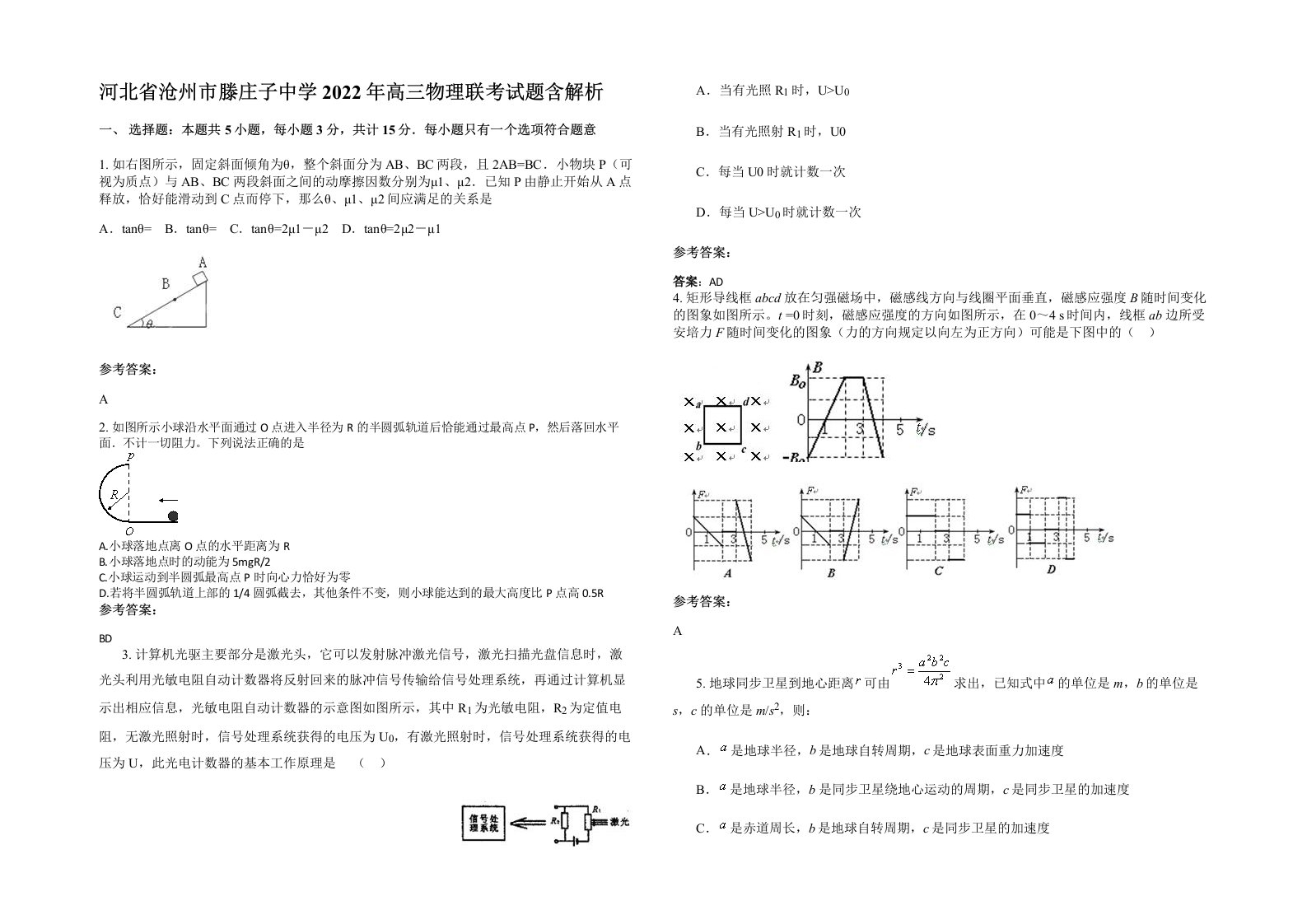 河北省沧州市滕庄子中学2022年高三物理联考试题含解析