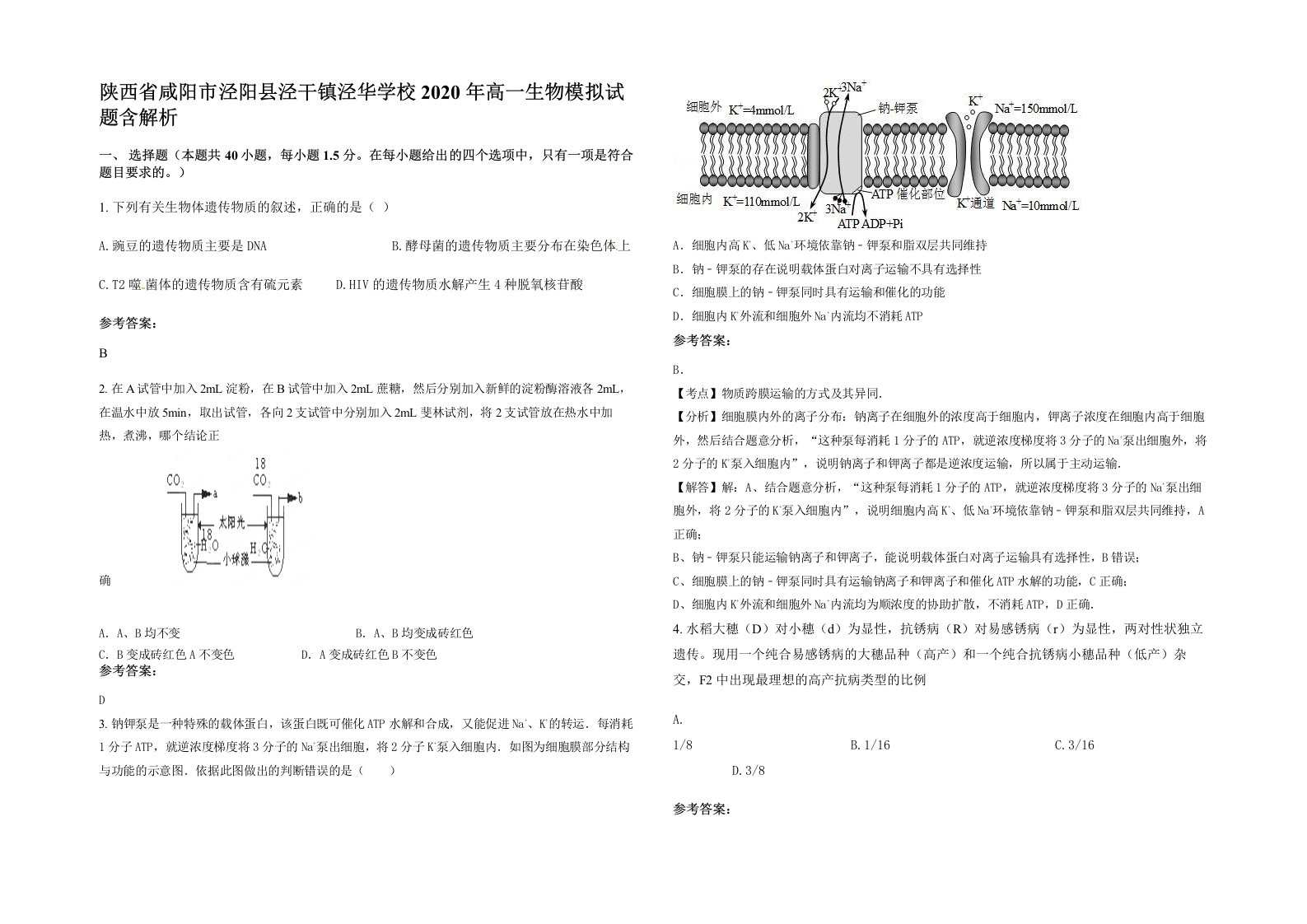 陕西省咸阳市泾阳县泾干镇泾华学校2020年高一生物模拟试题含解析