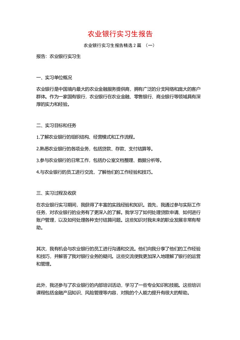 农业银行实习生报告2篇