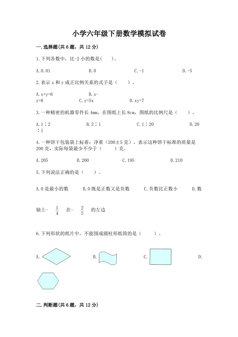 小学六年级下册数学模拟试卷【名师系列】