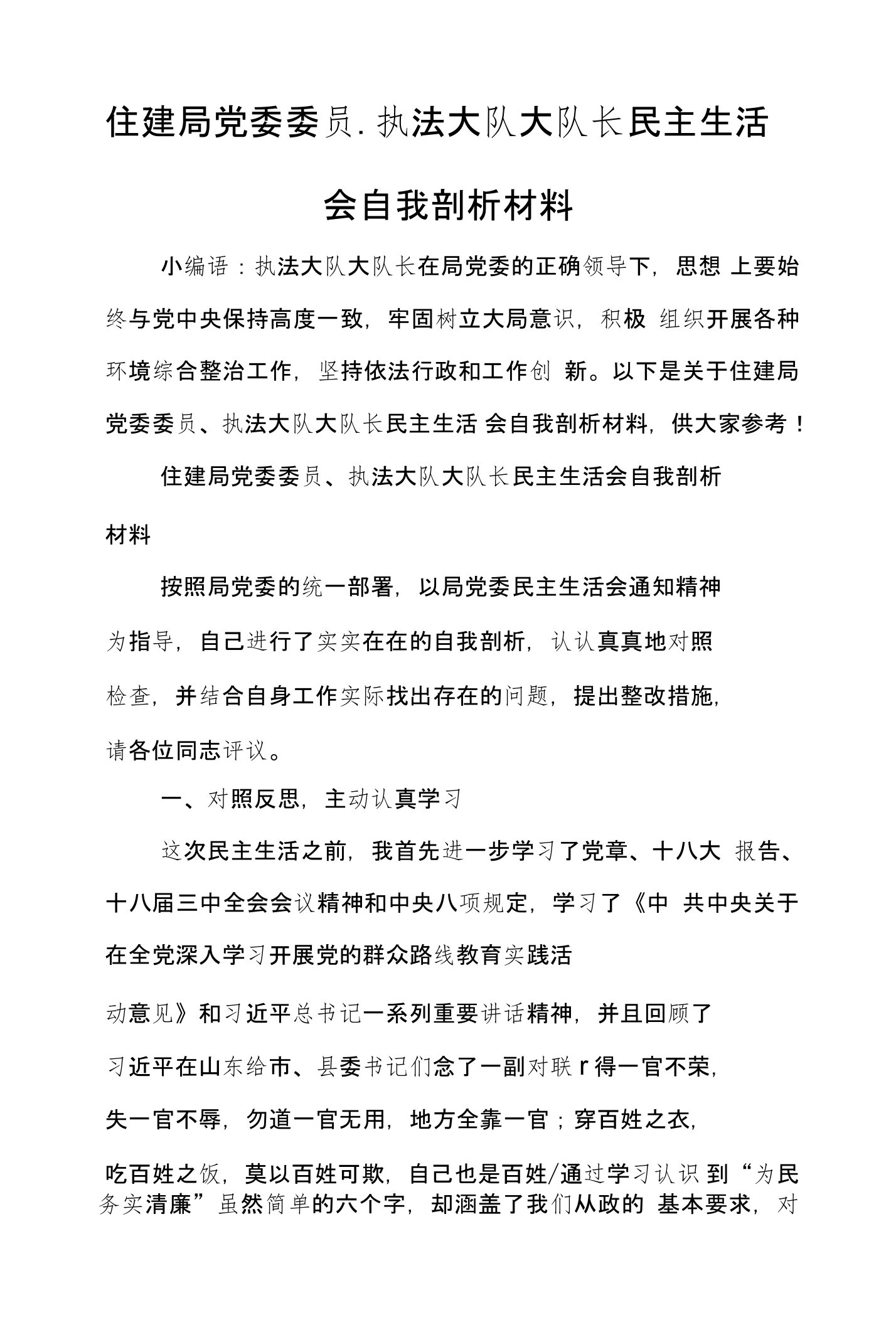 住建局党委委员、执法大队大队长民主生活会自我剖析材料