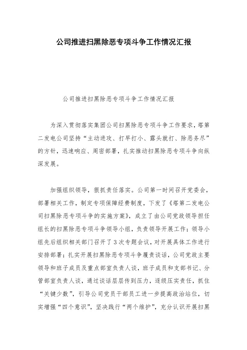 公司推进扫黑除恶专项斗争工作情况汇报