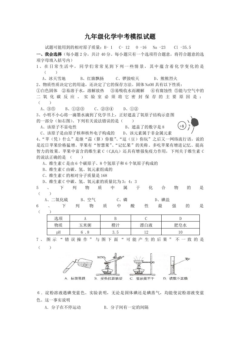 九年级化学中考模拟试题