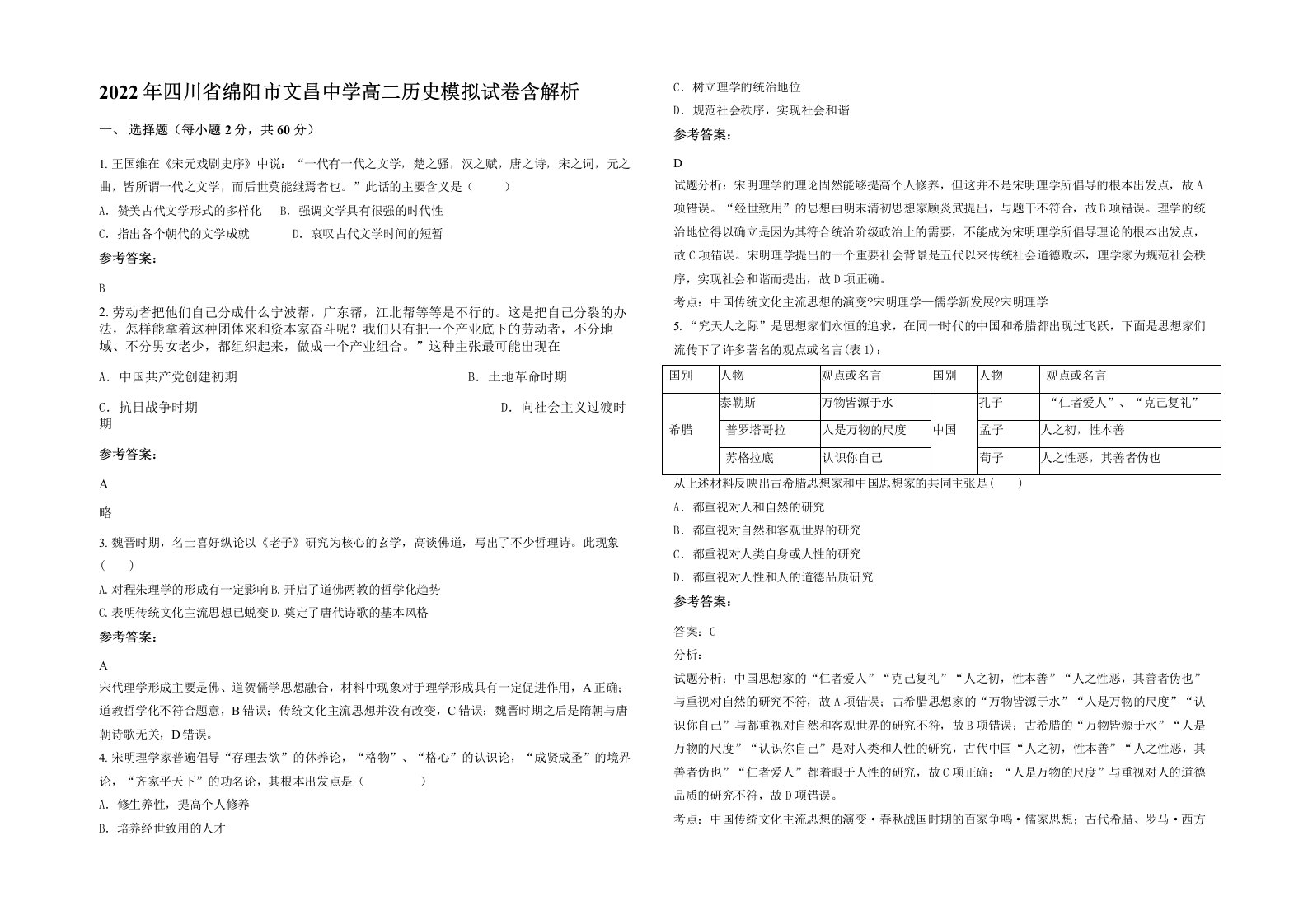 2022年四川省绵阳市文昌中学高二历史模拟试卷含解析