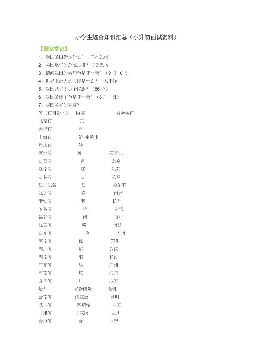 小学生综合的知识点(小升初面试资料)