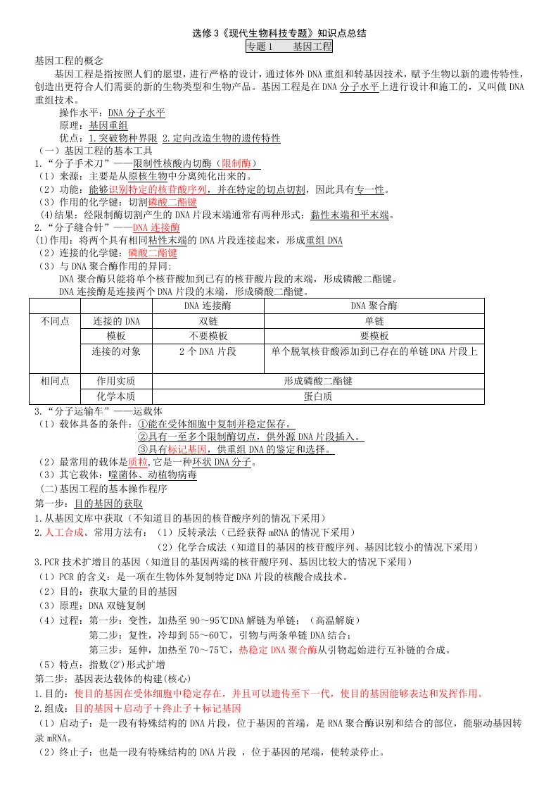 人教版高中生物选修三知识点总结(详细)