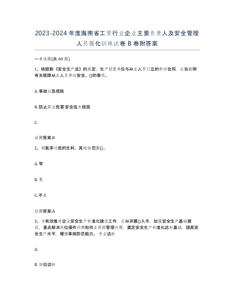 20232024年度海南省工贸行业企业主要负责人及安全管理人员强化训练试卷B卷附答案