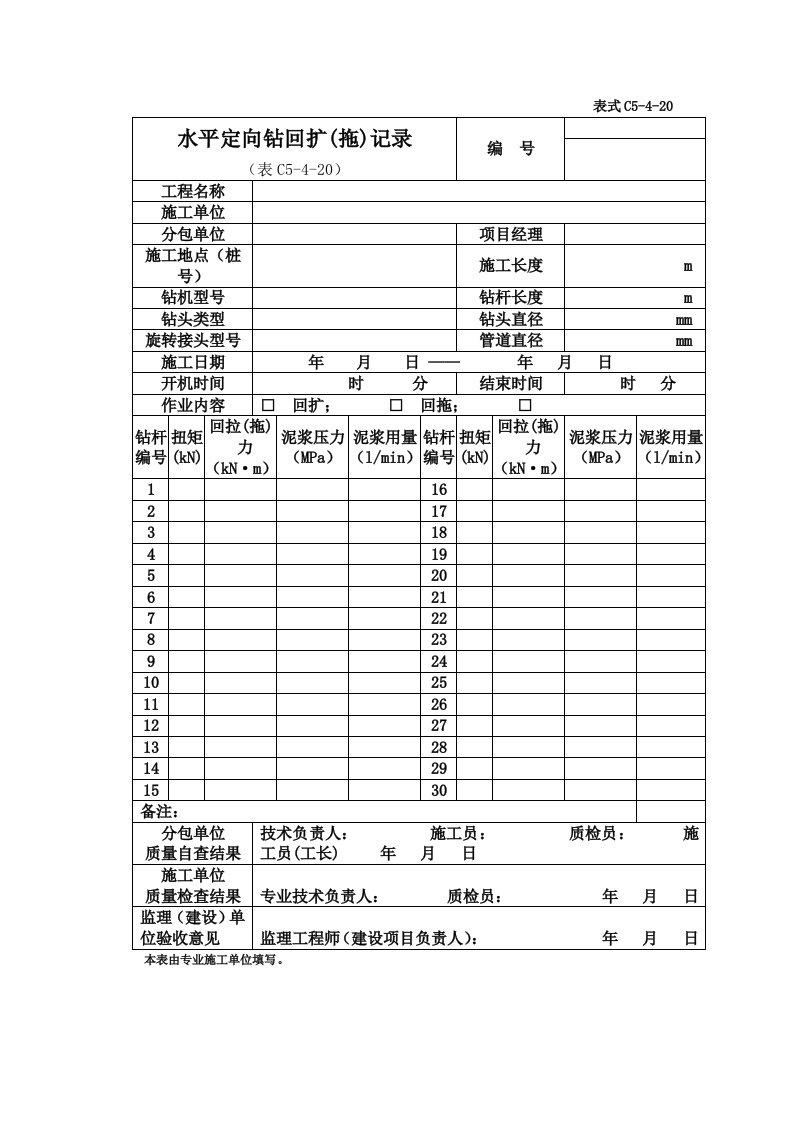 表C5-4-19水平定向钻导向孔钻进施工记录