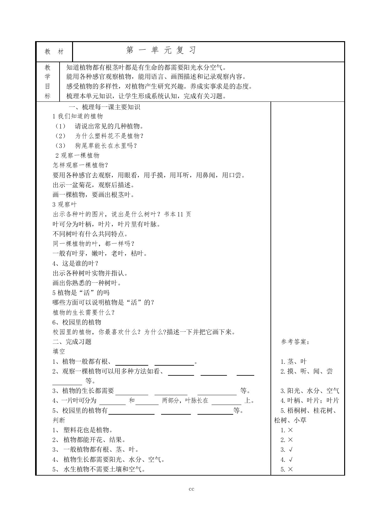 教科版科学一年级上册科学复习资料