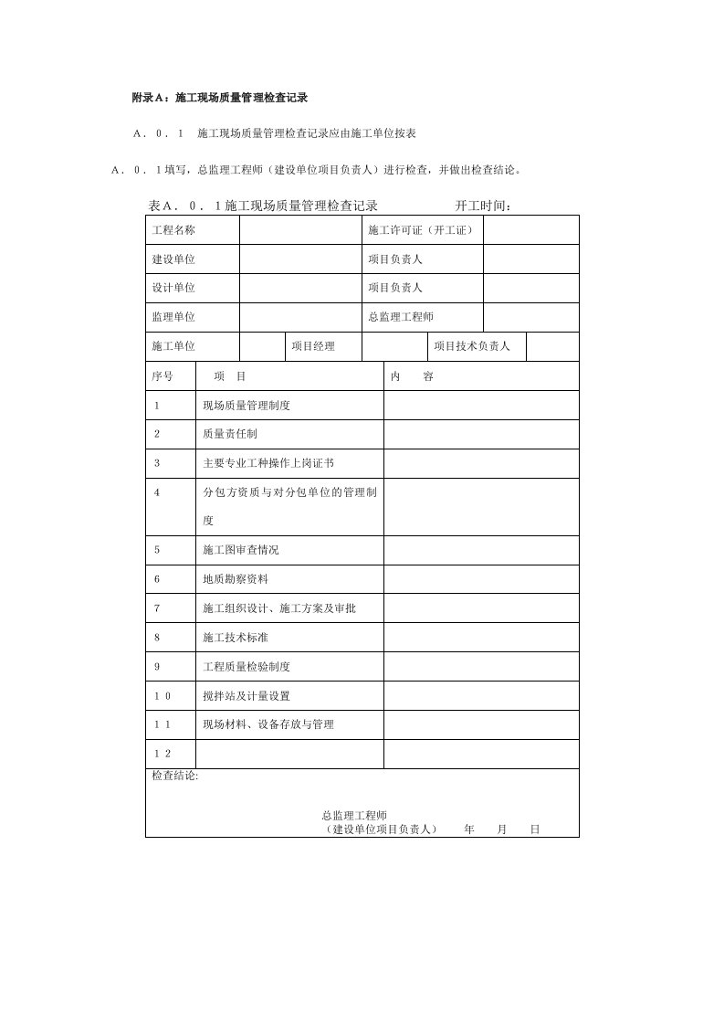 附录A：施工现场质量管理检查记录