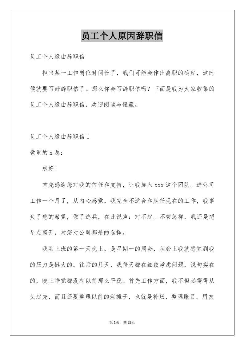 员工个人原因辞职信例文6