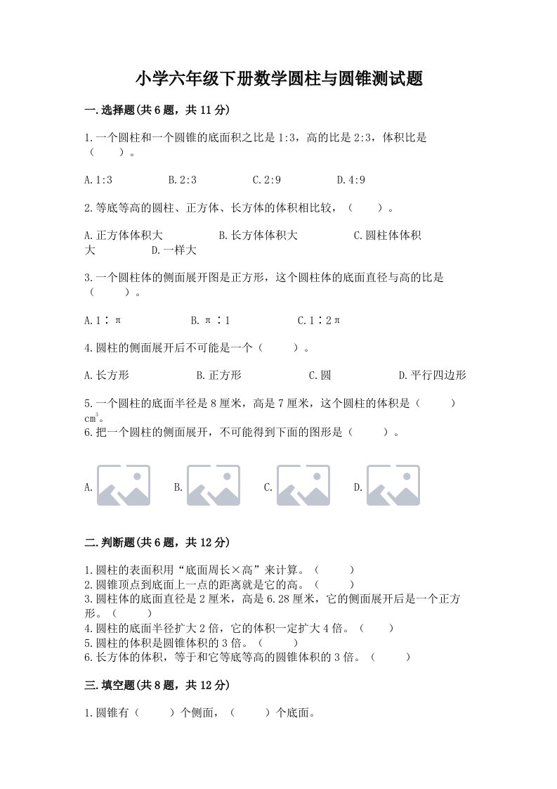 小学六年级下册数学圆柱与圆锥测试题（名师系列）