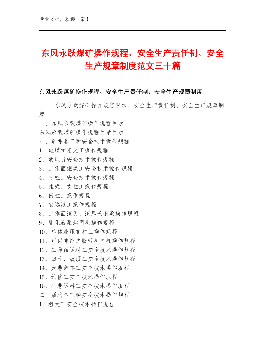 东风永跃煤矿操作规程、安全生产责任制、安全生产规章制度范文三十篇