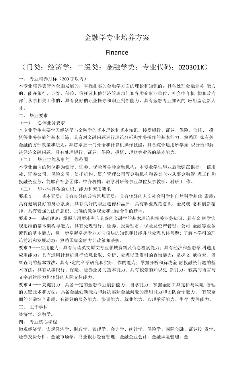 金融学专业培养方案