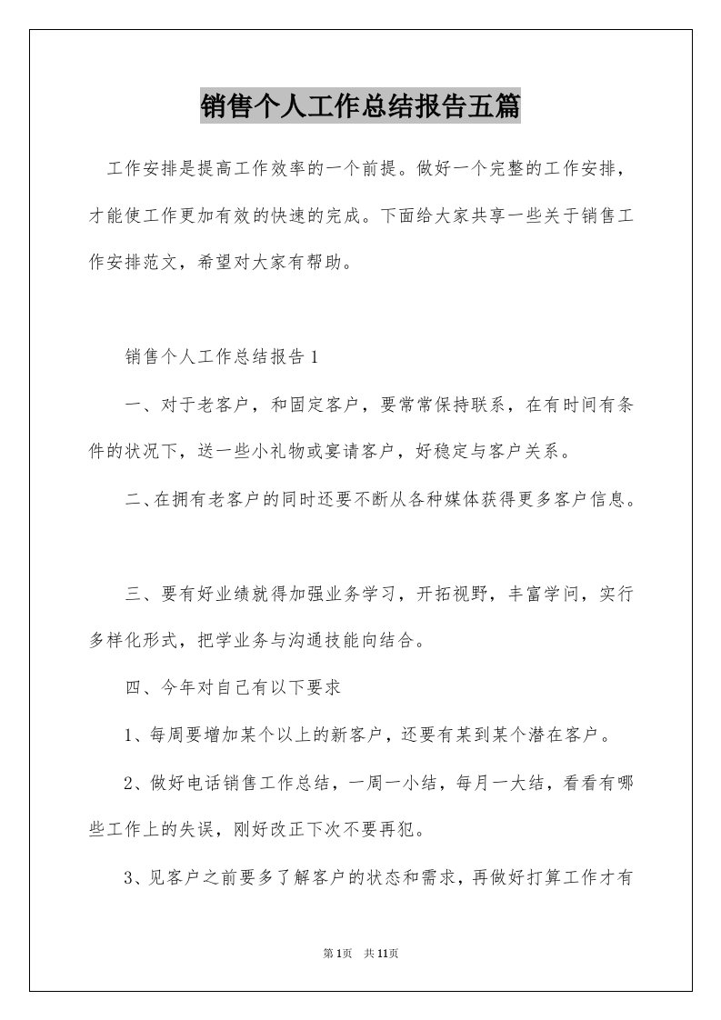 销售个人工作总结报告五篇