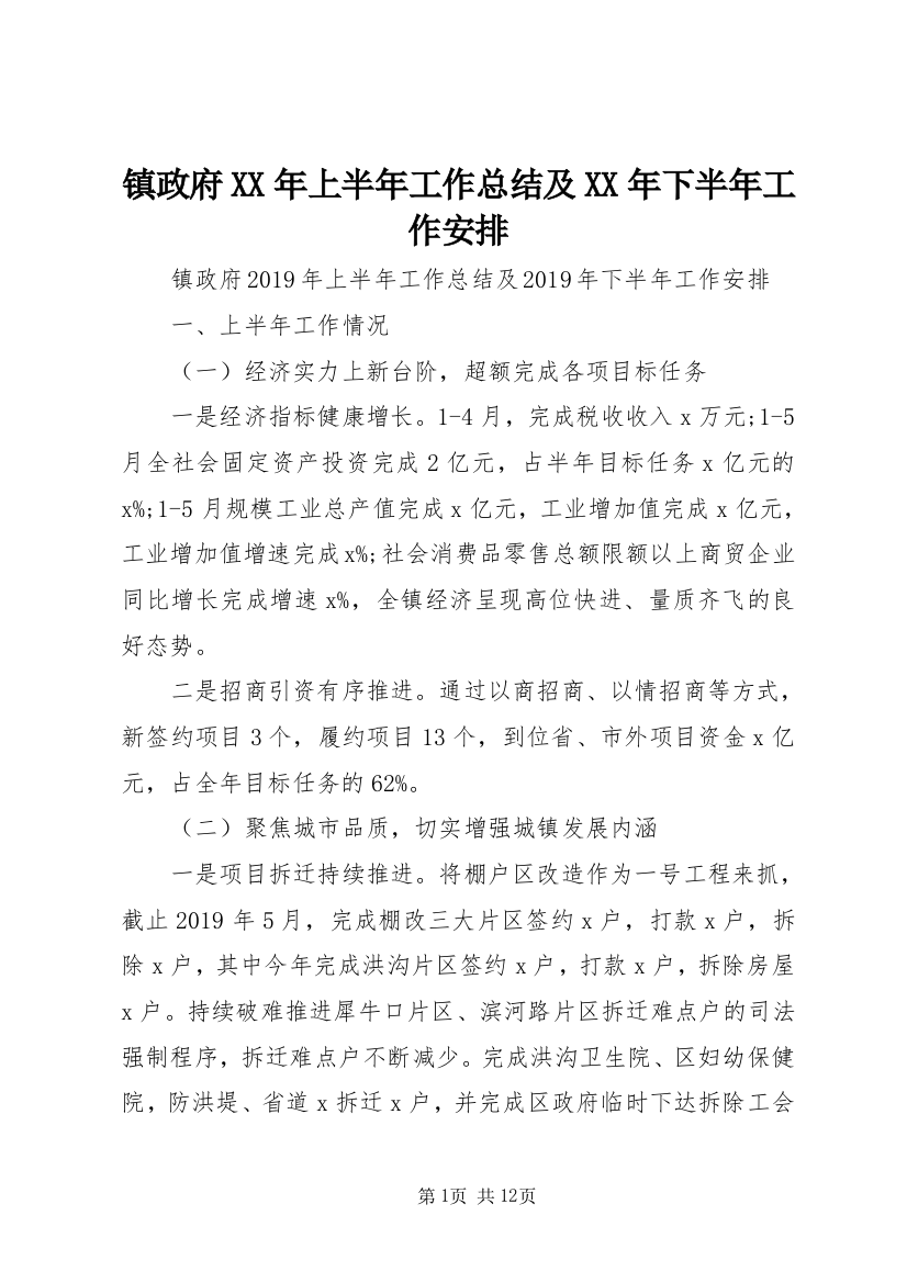 镇政府XX年上半年工作总结及XX年下半年工作安排