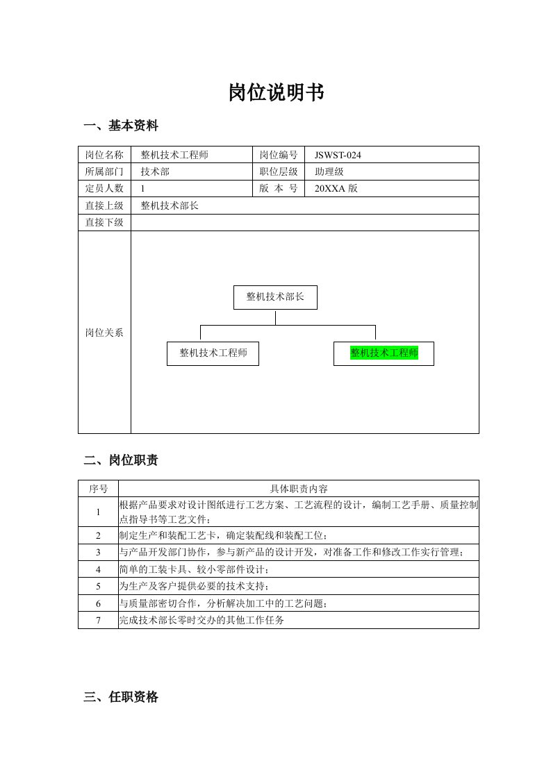 岗位职责-整机技术工程师的岗位说明书