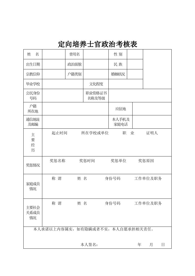 定向培养士官政治考核表