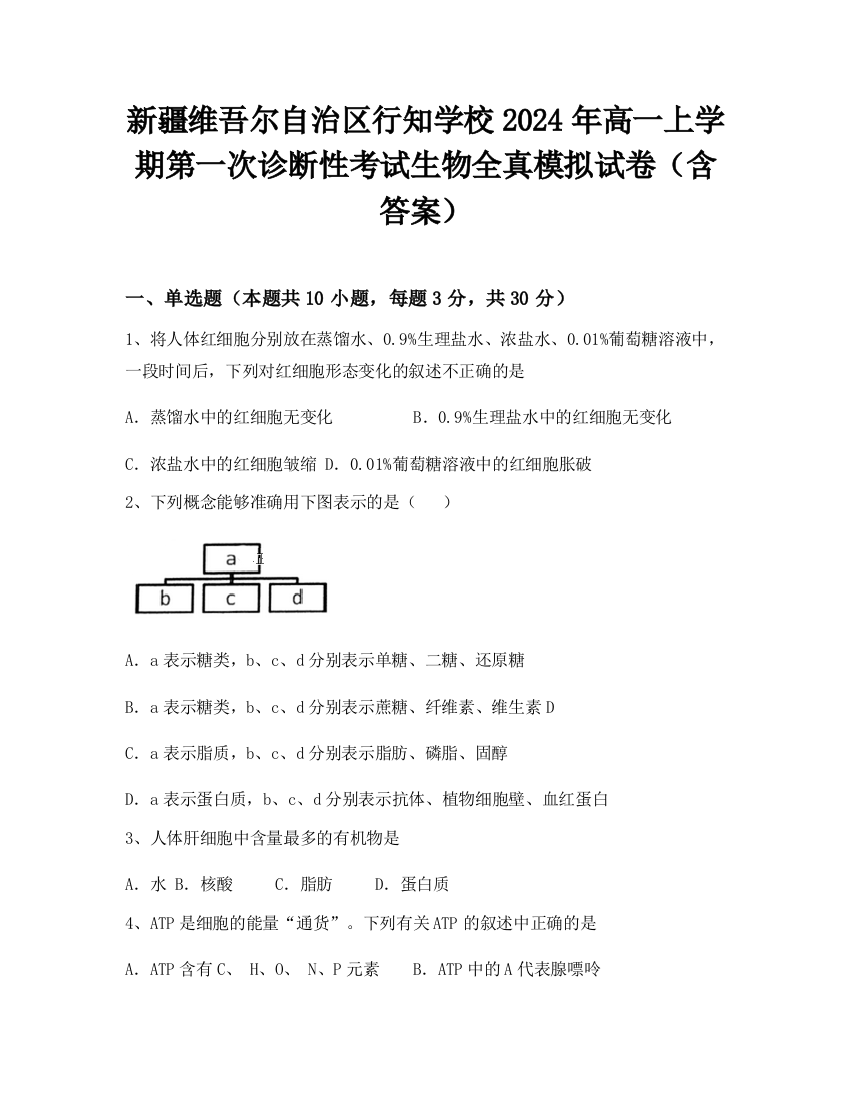 新疆维吾尔自治区行知学校2024年高一上学期第一次诊断性考试生物全真模拟试卷（含答案）