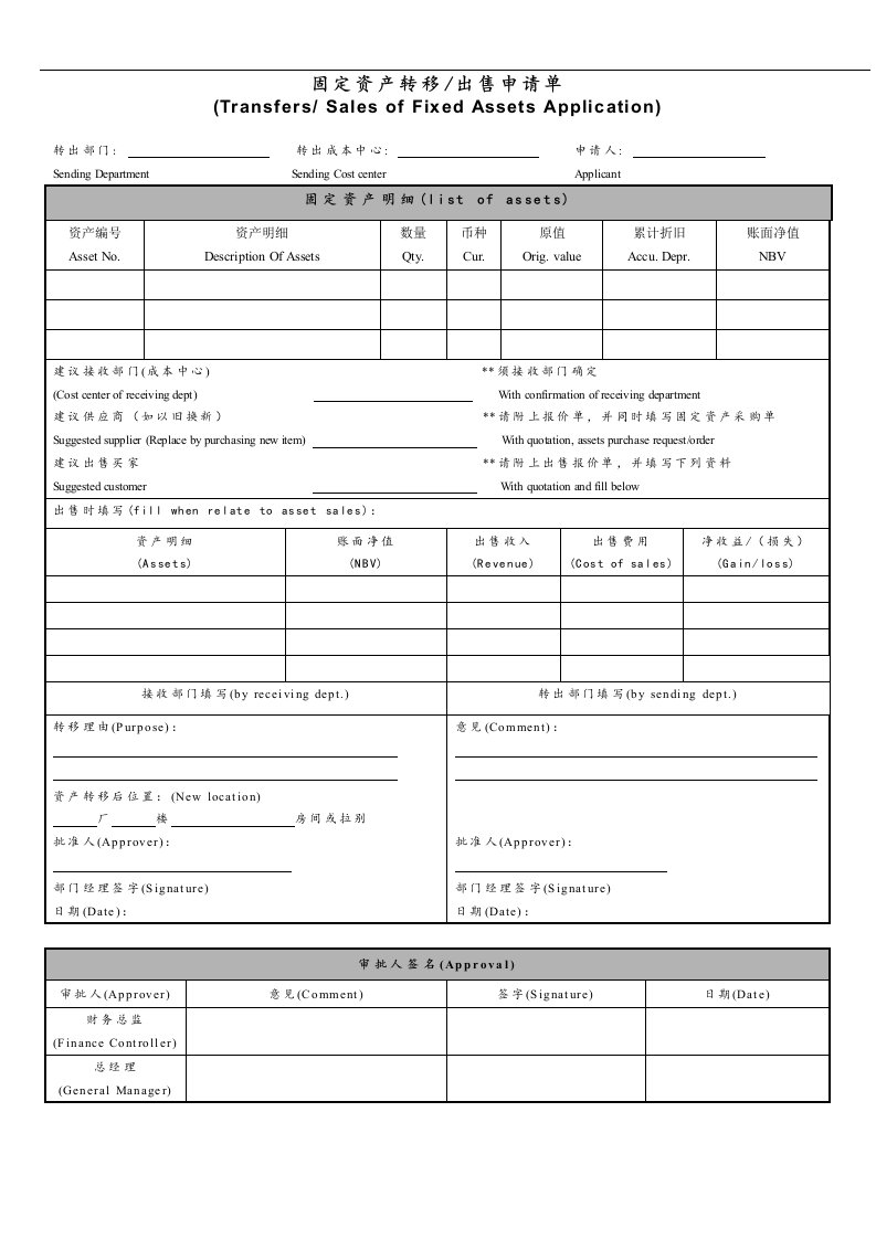 固定资产转移及出售申请单