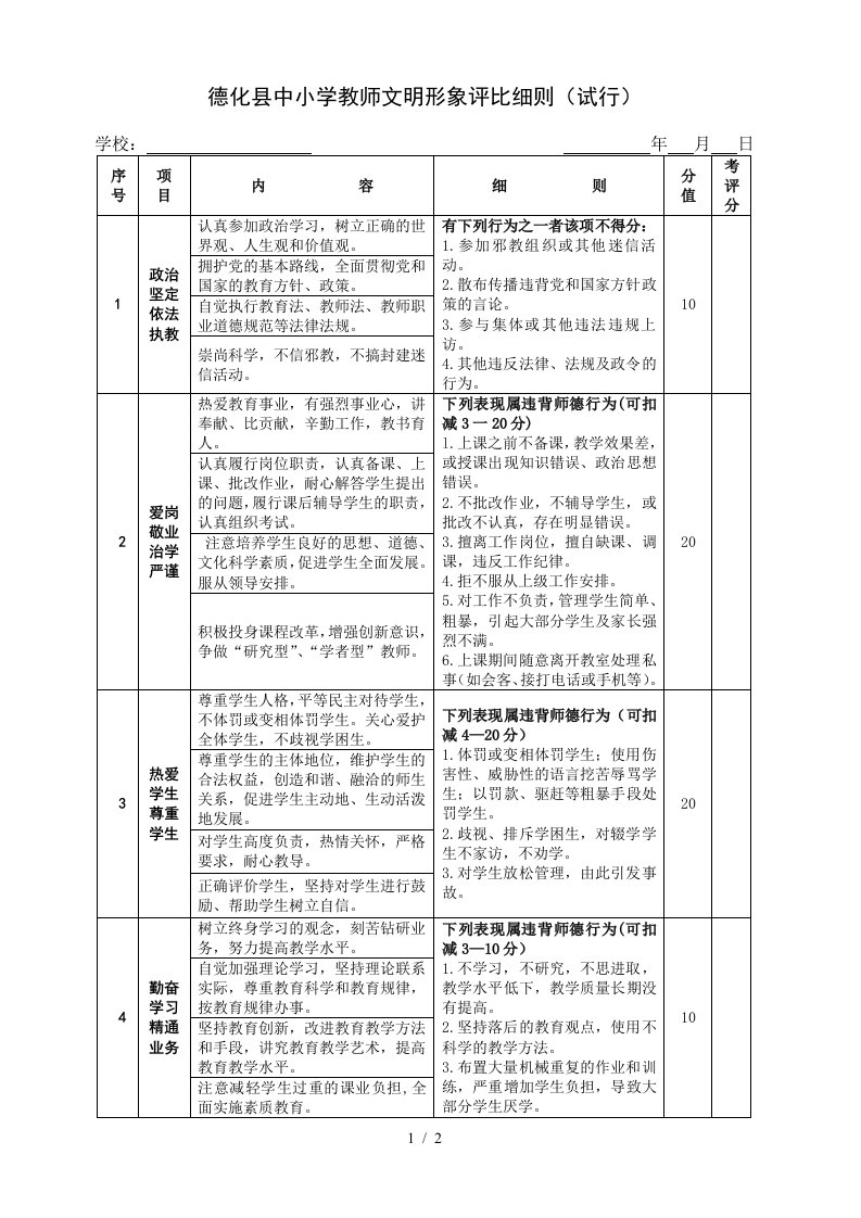 光福中学教师师德考核评价表