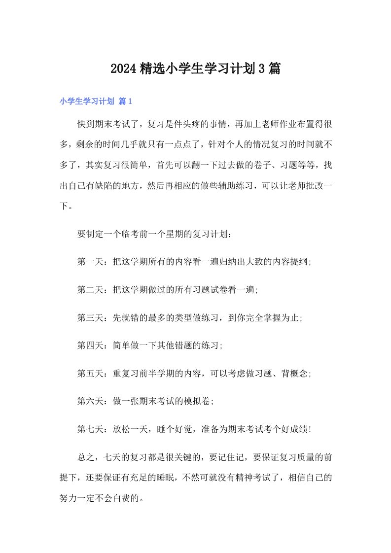 2024精选小学生学习计划3篇