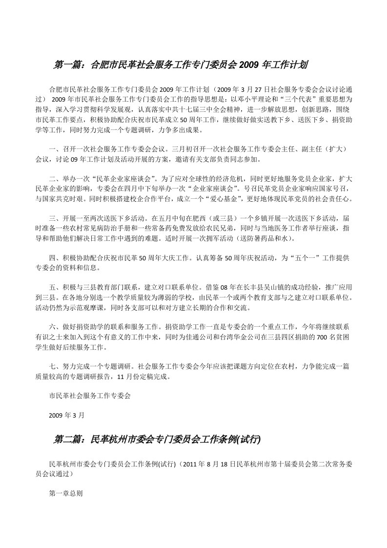 合肥市民革社会服务工作专门委员会2009年工作计划[修改版]