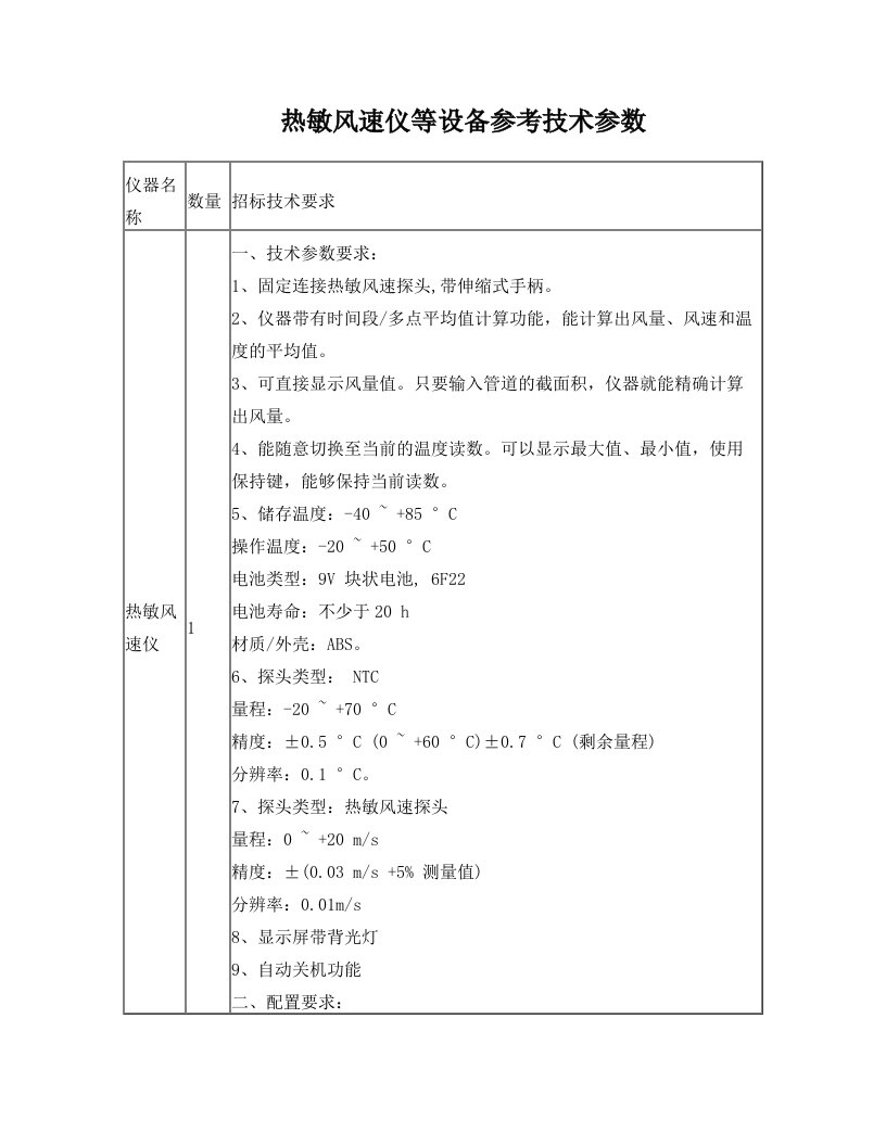 热敏风速仪等设备参考技术参数