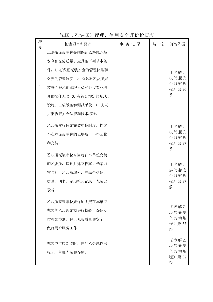 乙炔气瓶使用管理安全检查表