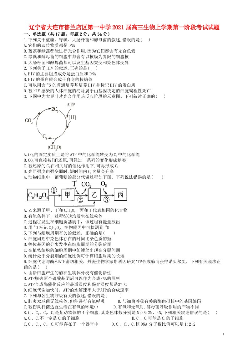 辽宁省大连市普兰店区第一中学2021届高三生物上学期第一阶段考试试题