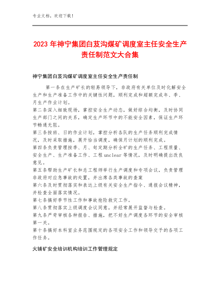 2023年神宁集团白芨沟煤矿调度室主任安全生产责任制范文大合集