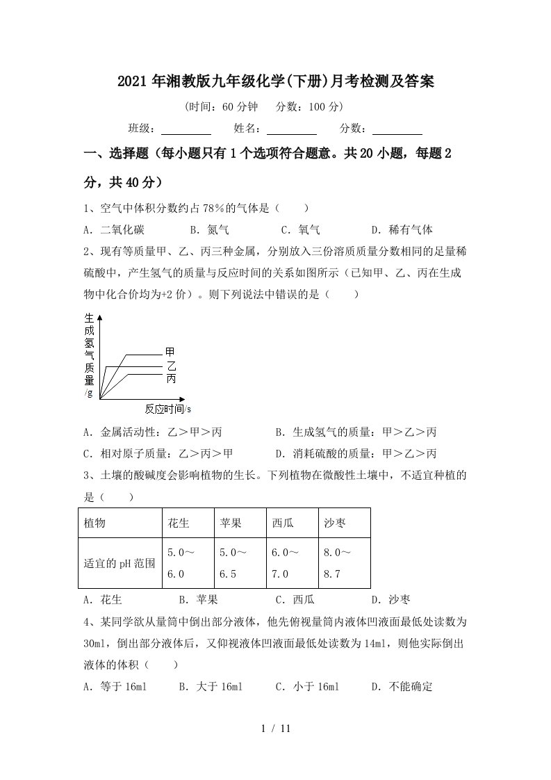 2021年湘教版九年级化学下册月考检测及答案