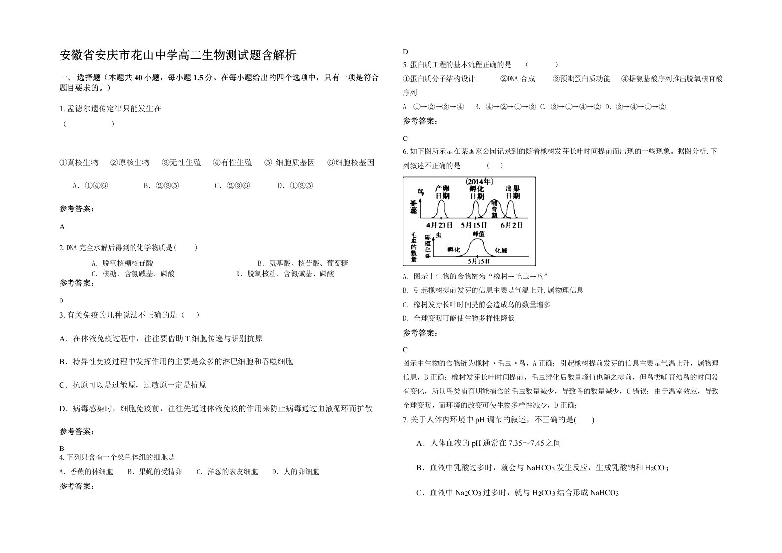 安徽省安庆市花山中学高二生物测试题含解析