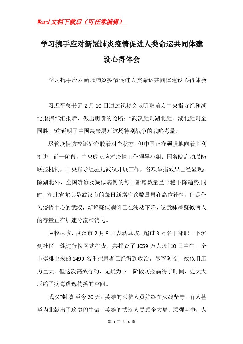 学习携手应对新冠肺炎疫情促进人类命运共同体建设心得体会Word