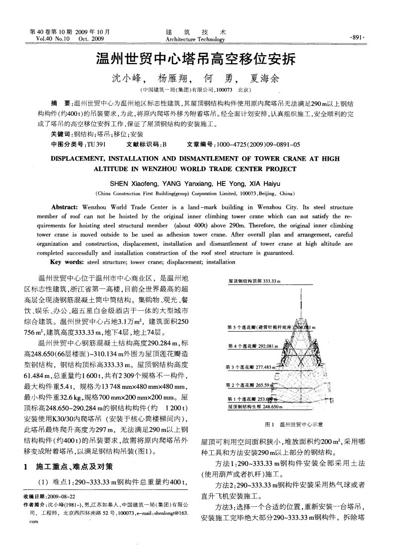 温州世贸中心塔吊高空移位安拆