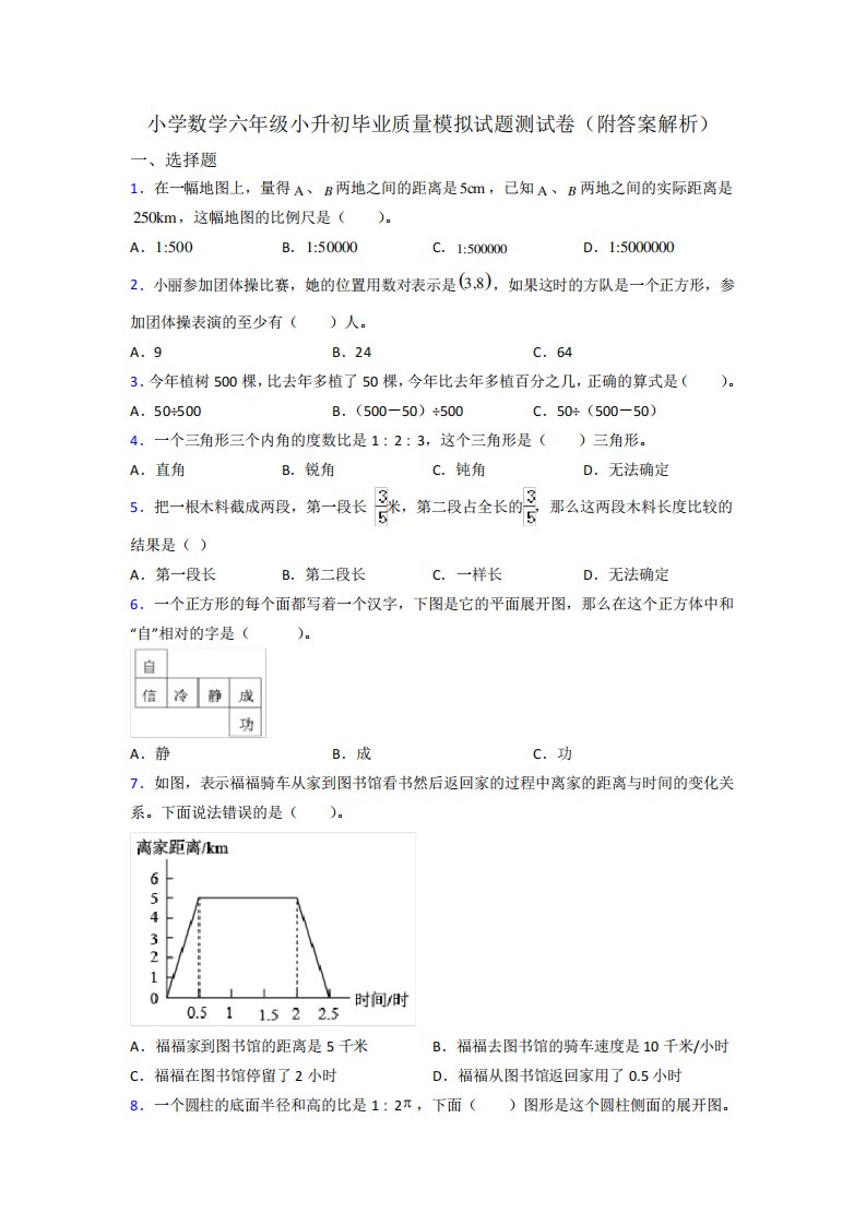 小学数学六年级小升初毕业质量模拟试题测试卷(附答案解析)