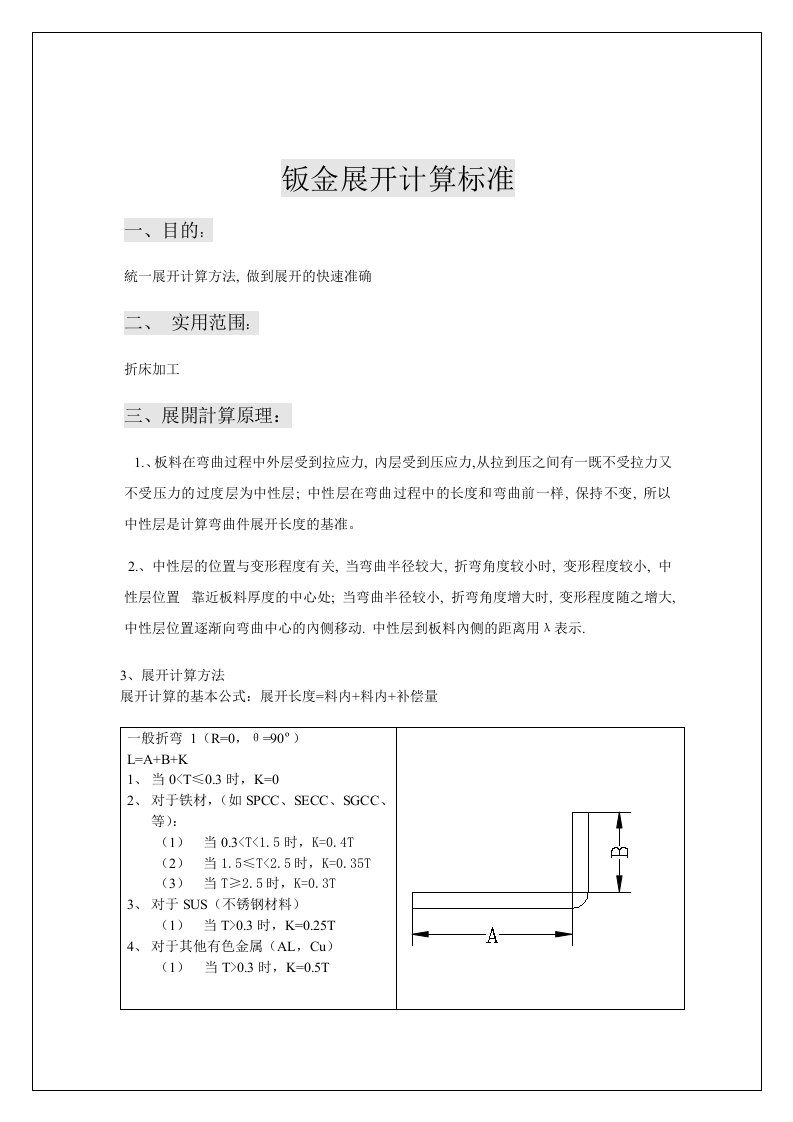 钣金展开计算方法