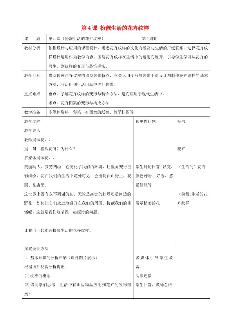 七年级美术下册第4课扮靓生活的花卉纹样教学设计6湘美版