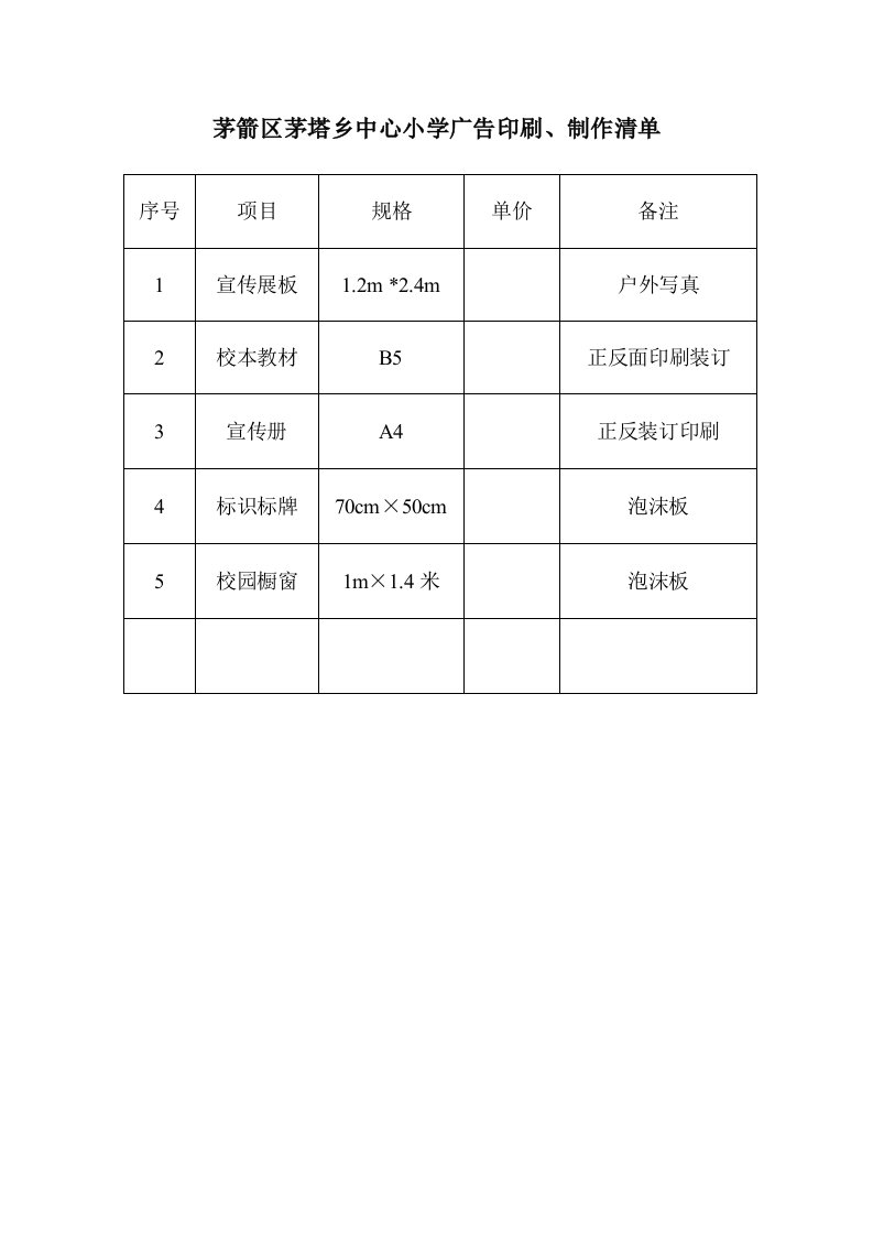 茅箭区茅塔乡中心小学广告印刷、制作清单