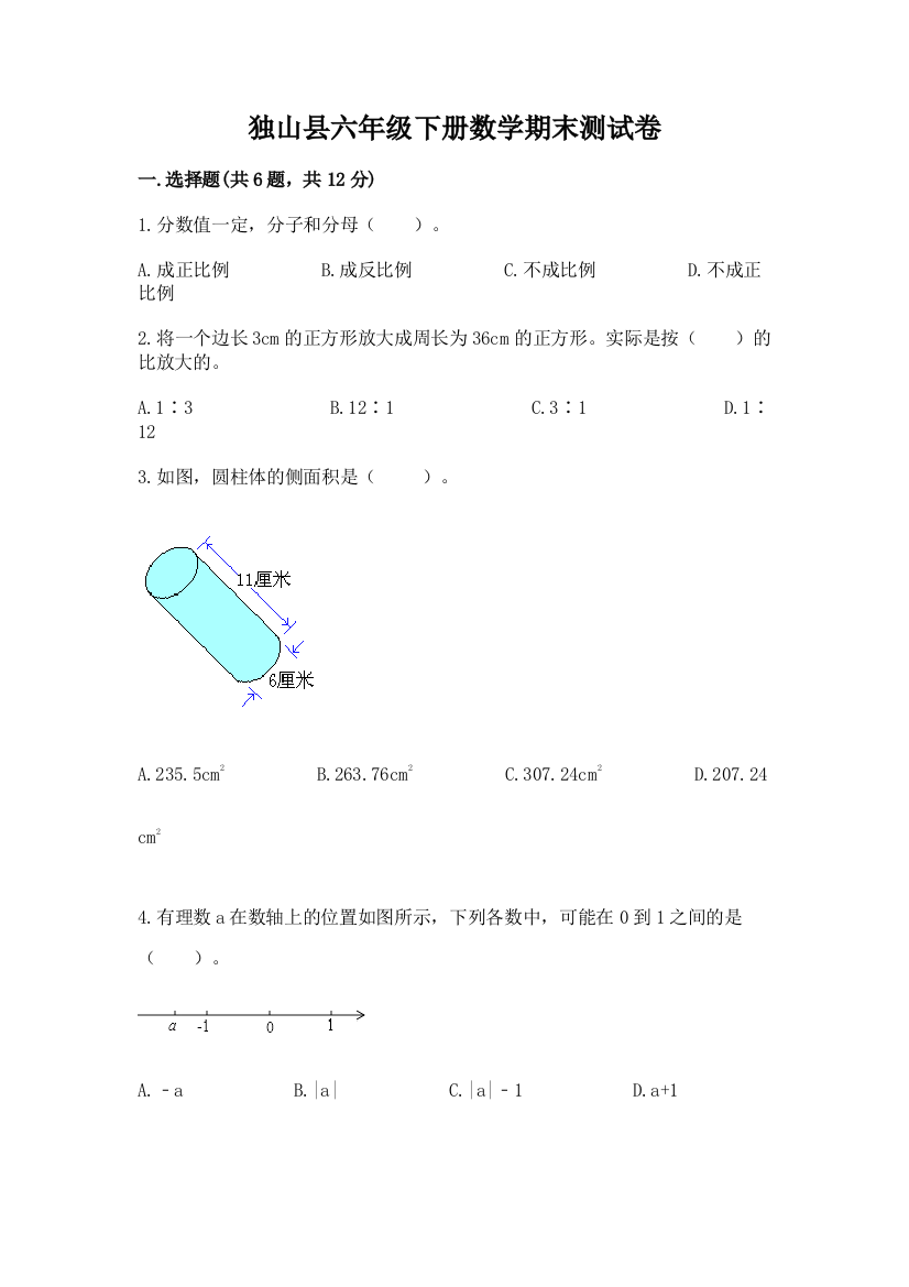 独山县六年级下册数学期末测试卷（模拟题）