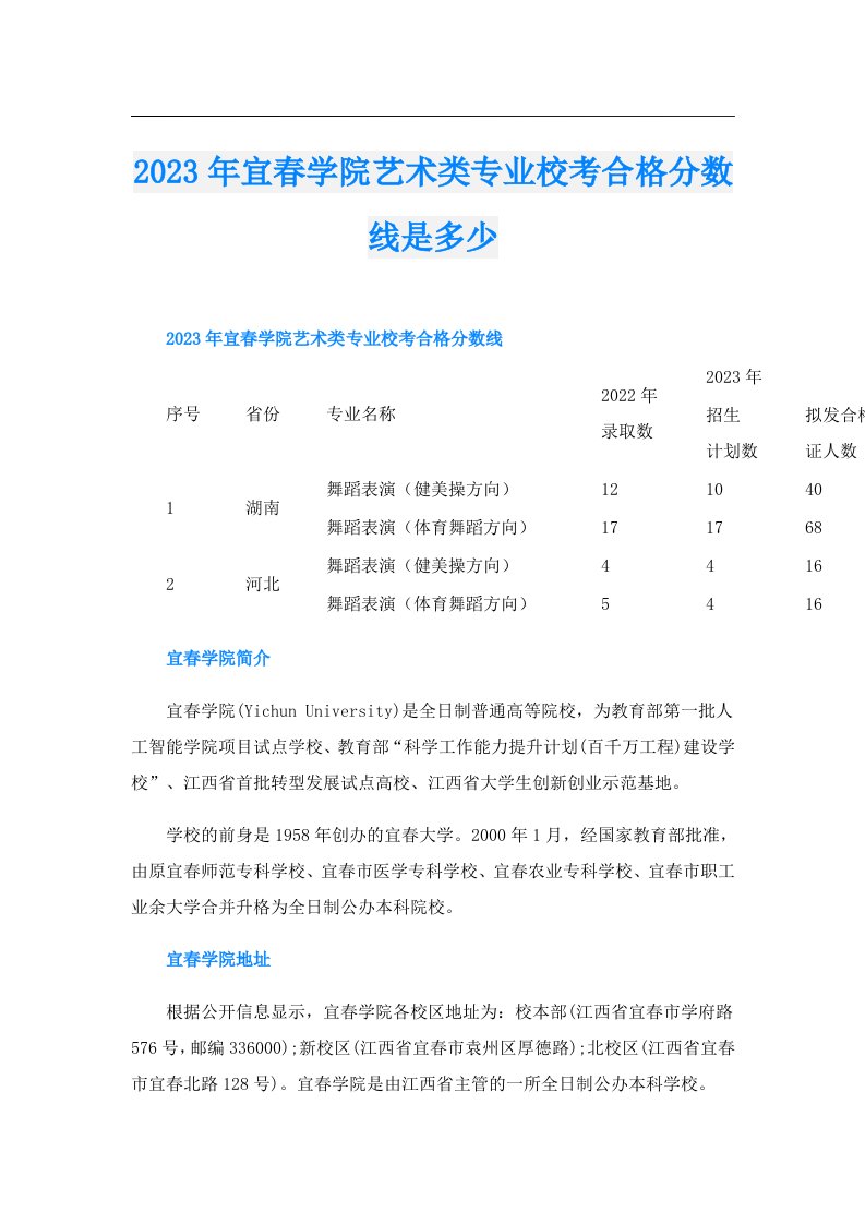 宜春学院艺术类专业校考合格分数线是多少